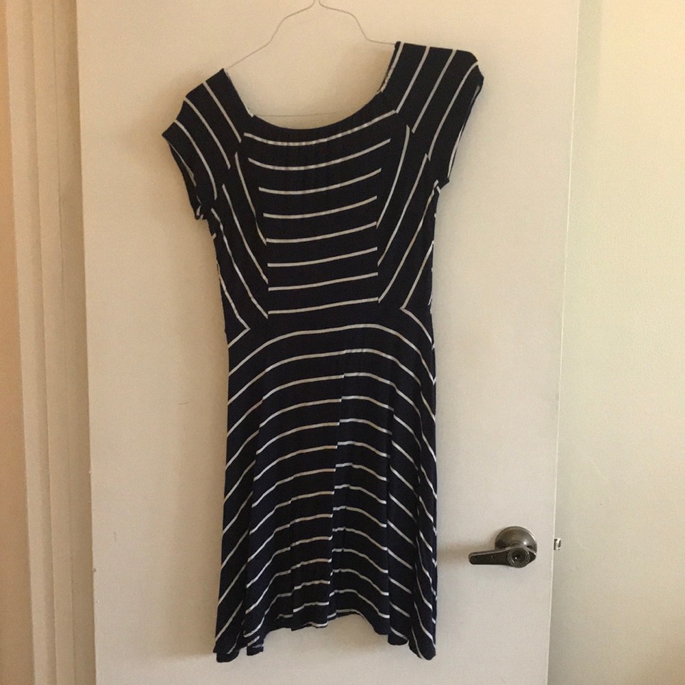 Navy dress with form flattering white stripes.